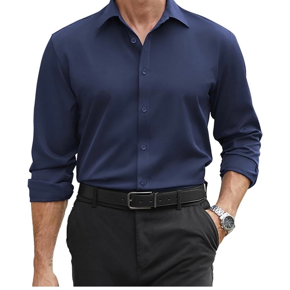 COOFANDY Men's 4XL Blue Navy Stretch Dress Shirt NWT